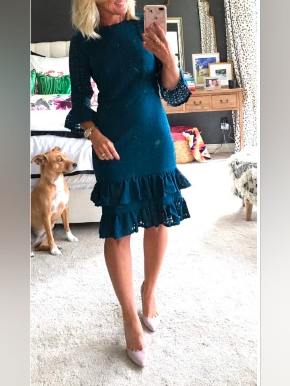 Maggy London Teal Ruffle Hem Lace-Detail Women’s Dress - Size 12